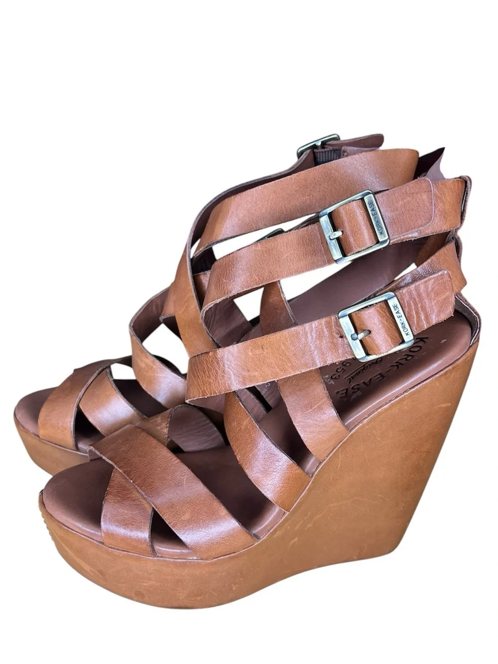 Kork-Ease Hailey Leather Platform Wedge Sandals Brown Double Buckle Strappy Sz 6